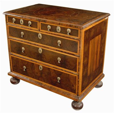 Appraisal: A William and Mary oyster veneered chest inlaid boxwood stringing