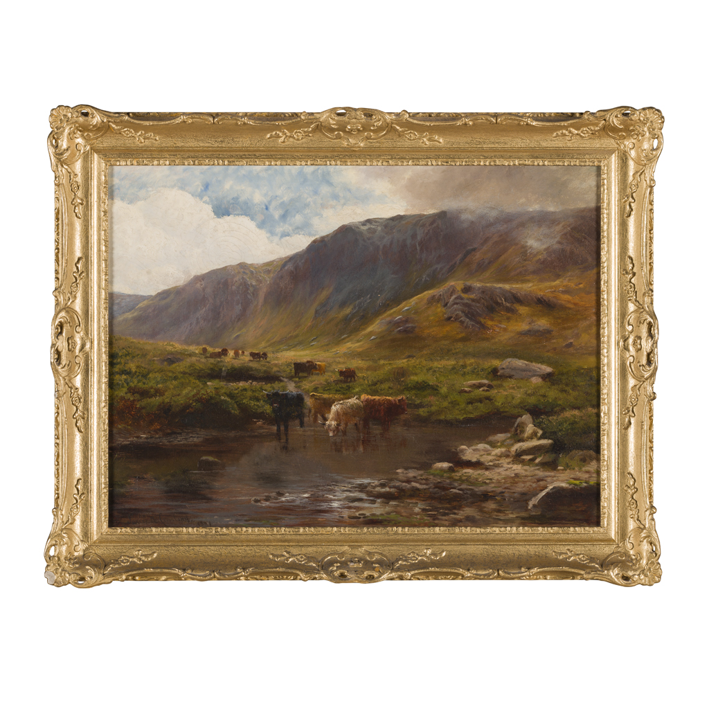 Appraisal: JAMES CROSSLAND BRITISH - CATTLE WATERING IN THE HIGHLANDS signed