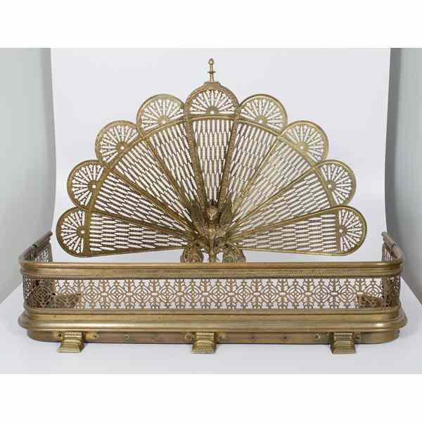 Appraisal: Fireplace Screen Brass Fender and Tools An eight-piece group of