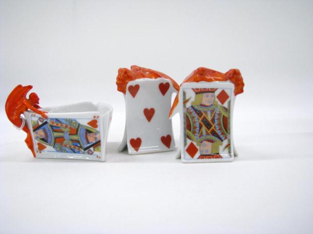 Appraisal: Royal Bayreuth Devil Cards pair of Shakers Sugar Bowl with