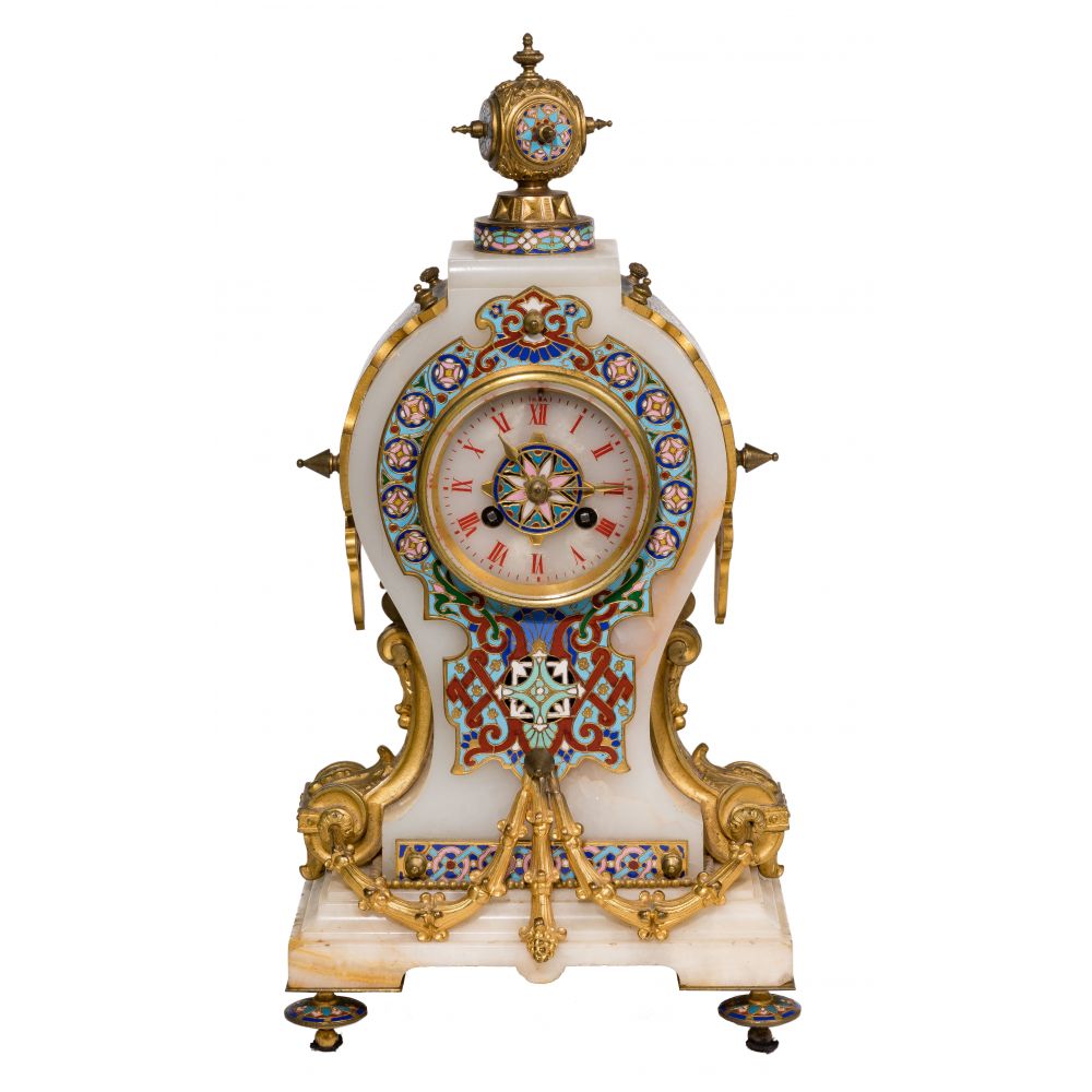 Appraisal: ACHIELE BROCOT CHAMPLEVE ENAMEL AND ONYX MANTEL CLOCKWhite onyx case