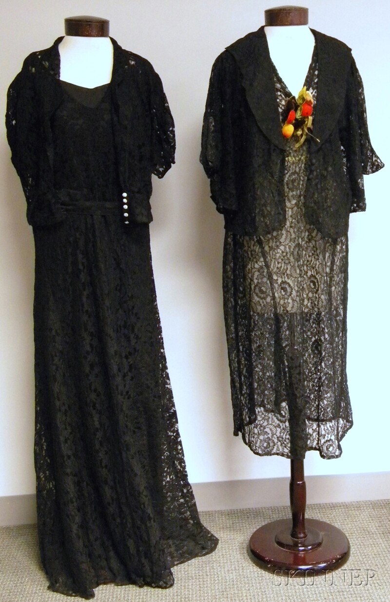 Appraisal: Two Circa s Black Lace Dresses both with short-sleeved jackets