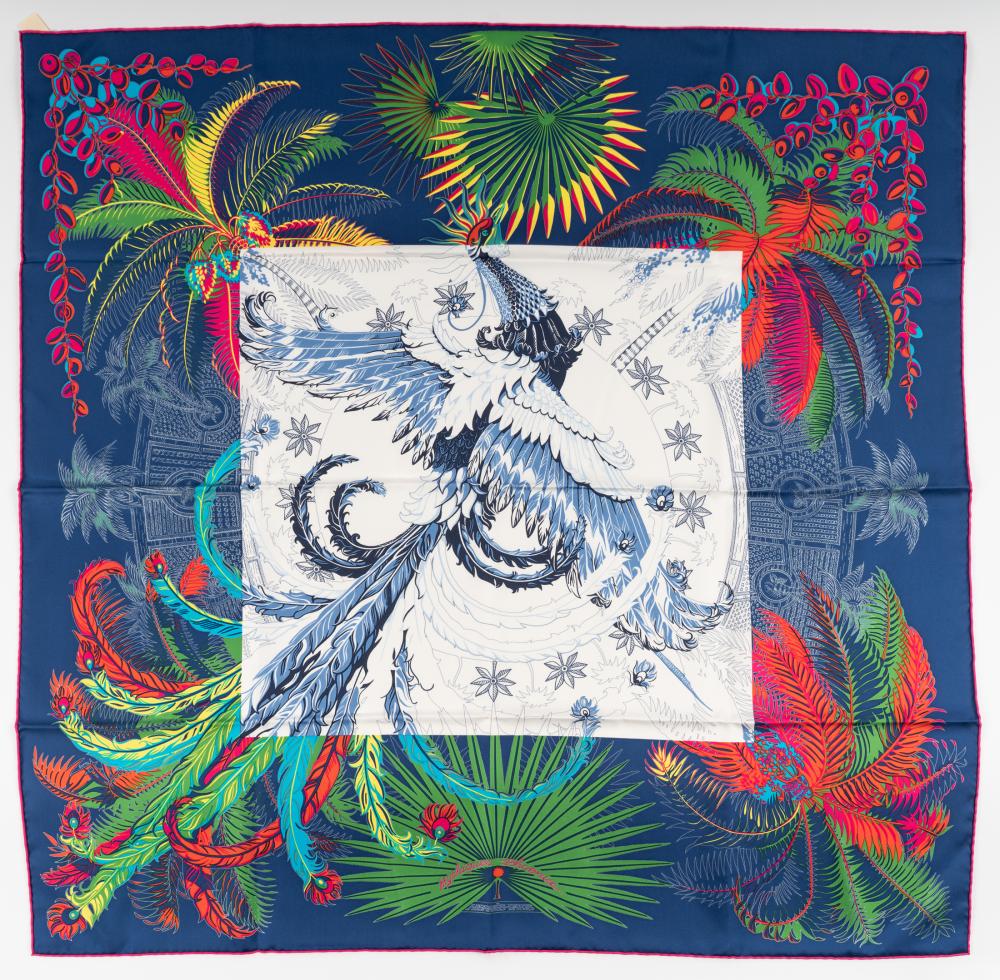 Appraisal: HERMES SILK SCARFMythiques Phoenix blue green and fuschia x inches