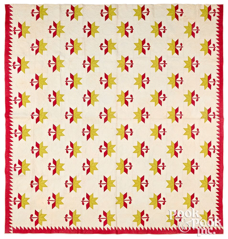 Appraisal: Red and yellow lily quilt late th c Red and