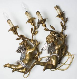 Appraisal: Pair Cherub Sconce Lights German Carved and Gilded