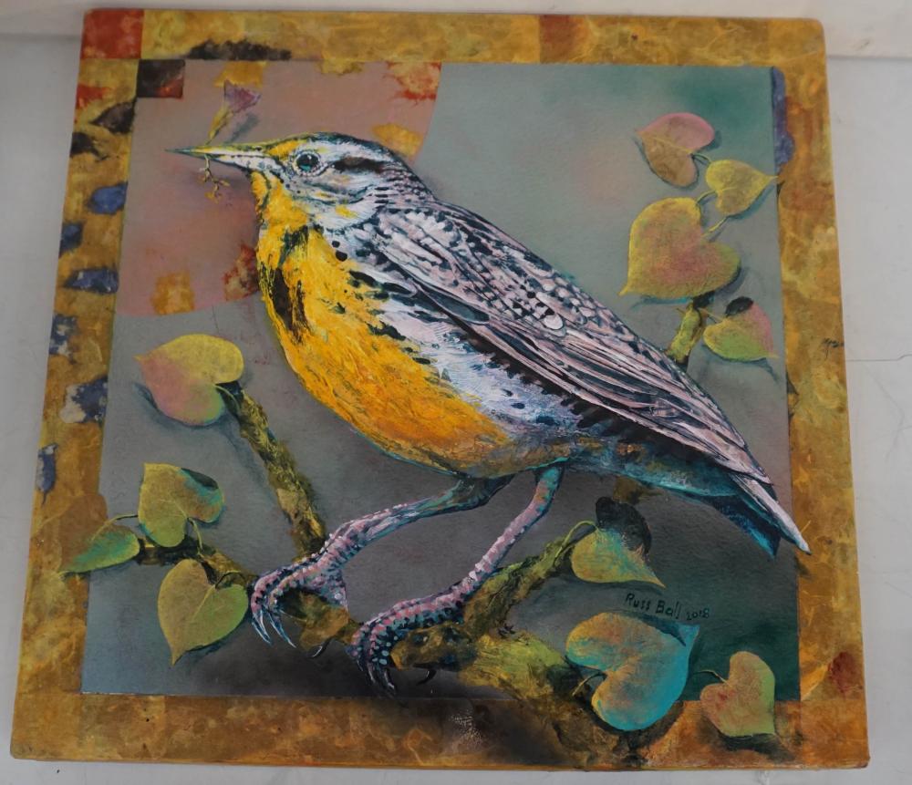 Appraisal: RUSS BALL WESTERN MEADOWLARK ACRYLIC PAPER AND FLORA ON WOOD