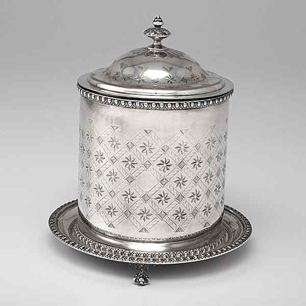 Appraisal: English Silver Plated Biscuit Box English a silver-plated footed biscuit