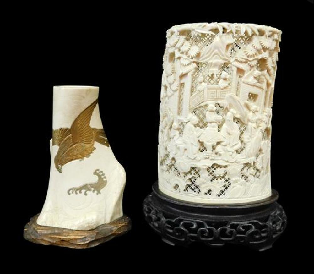 Appraisal: ASIAN Two carved ivory bone pieces Japanese bone brush pot