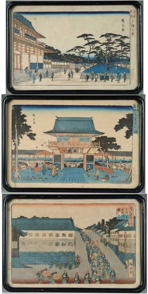 Appraisal: HIROSHIGE Japanese th Century THREE JAPANESE WOODBLOCK PRINTS Identically housed