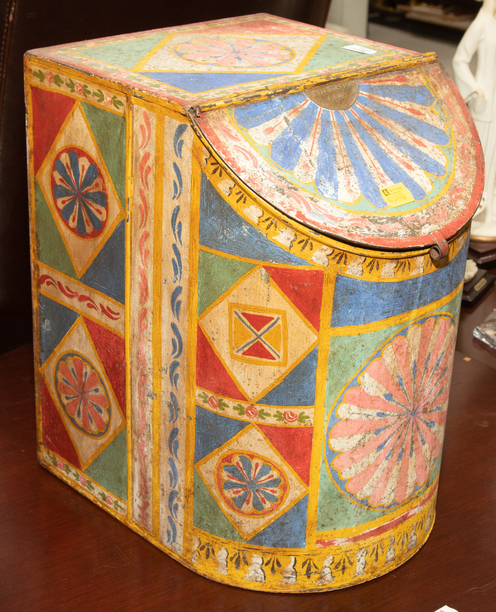 Appraisal: AMERICAN FOLK DECORATED TIN STORE BIN J Hall Rohrman Son