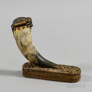 Appraisal: Dragon-carved Powder Horn Mounted to a Wooden Base ht wd