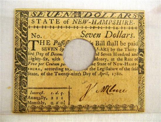 Appraisal: NH - Seven Dollar Note - Hole cancelled Very Fine