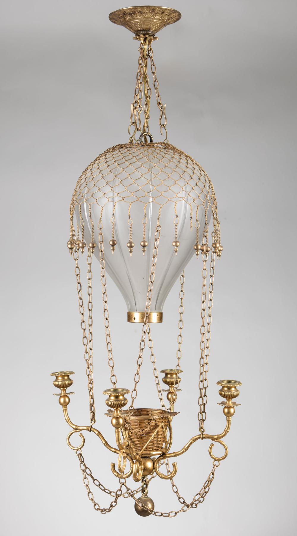 Appraisal: French Gilt Bronze and Etched Glass Montgolfier Hall Lamp c