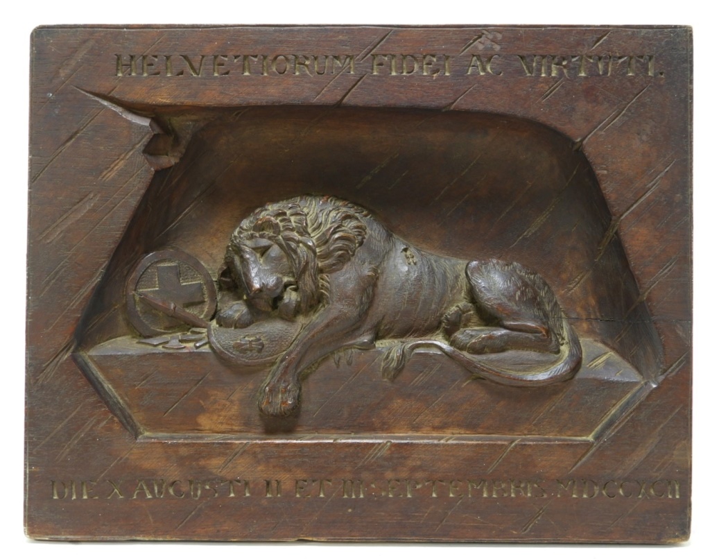 Appraisal: SWISS LION OF LUCERNE MONUMENT CARVED WOOD PANEL Switzerland C