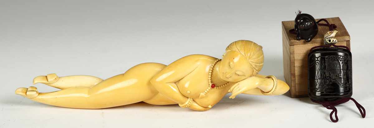 Appraisal: Case InroC Dog Netsuke Ojime is an ivory bird Condition