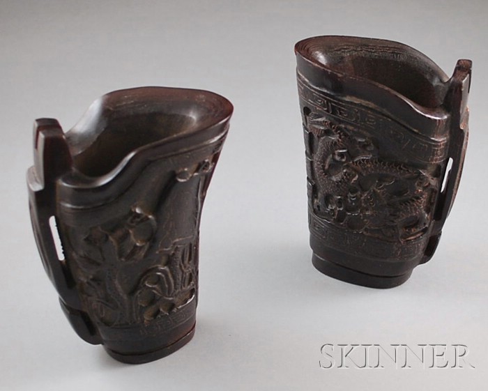 Appraisal: Two Asian Carved Horn Libation Cups one floral decorated the