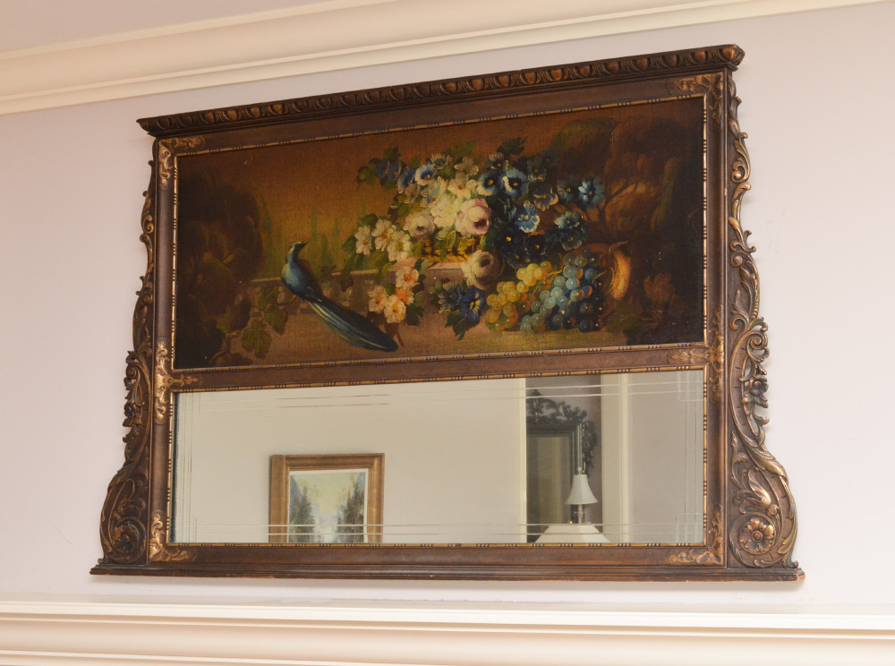 Appraisal: DECORATIVE OVER-MANTEL MIRROR WITH STILL LIFE PAINTING Oil on Canvas