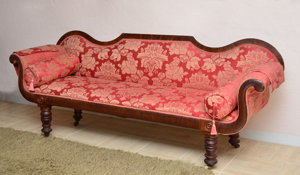 Appraisal: TH CENTURY SCROLL ARM SOFA Shaped back rail scroll arms