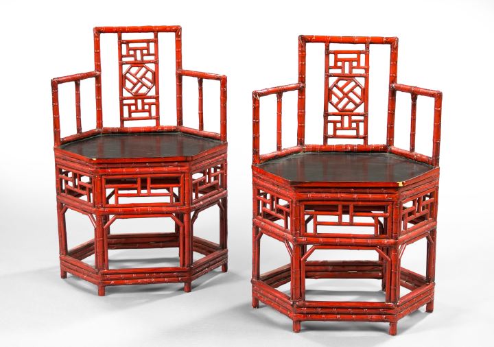 Appraisal: Pair of Chinese Red-Lacquered Bamboo Armchairs first quarter th century