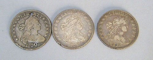 Appraisal: Three draped bust silver dollars to include and has rim