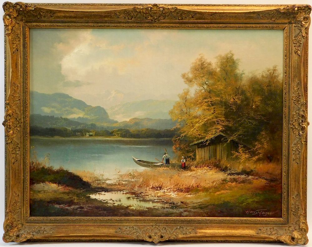 Appraisal: Hans Wagner O C Alpine Lake Landscape Painting Hans Wagner