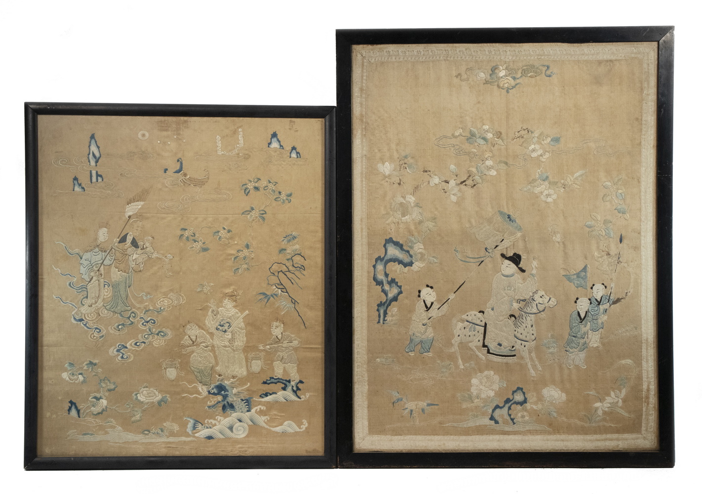 Appraisal: FRAMED FRAGMENTS OF EARLY CHINESE SILK EMBROIDERED TEXTILES The larger