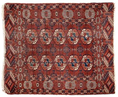 Appraisal: Turkoman rug two rows of guls on lattice ground stepped