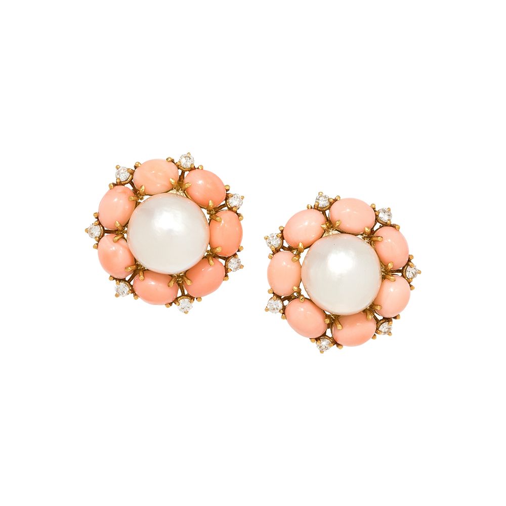 Appraisal: SEAMAN SCHEPPS CULTURED SOUTH SEA PEARL CORAL AND DIAMOND EARCLIPS