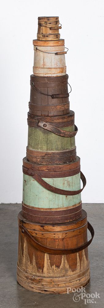 Appraisal: Graduated stack of six painted firkins th c Graduated stack