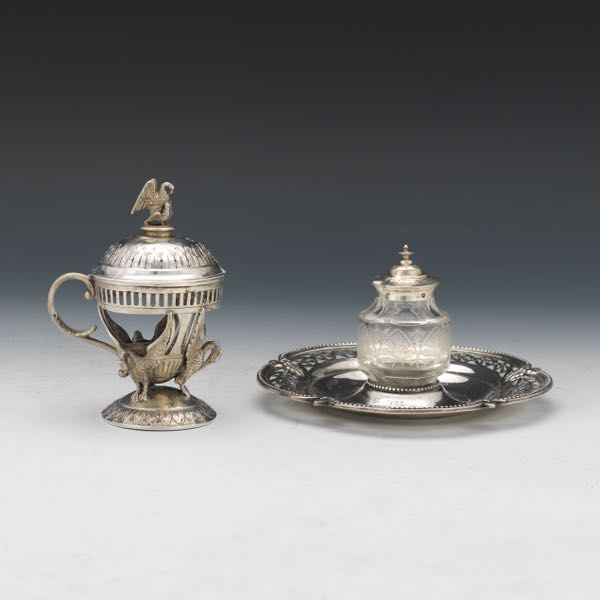 Appraisal: STERLING SILVER INKWELL AND GERMAN SILVER CONDIMENT HOLDER silver condiment