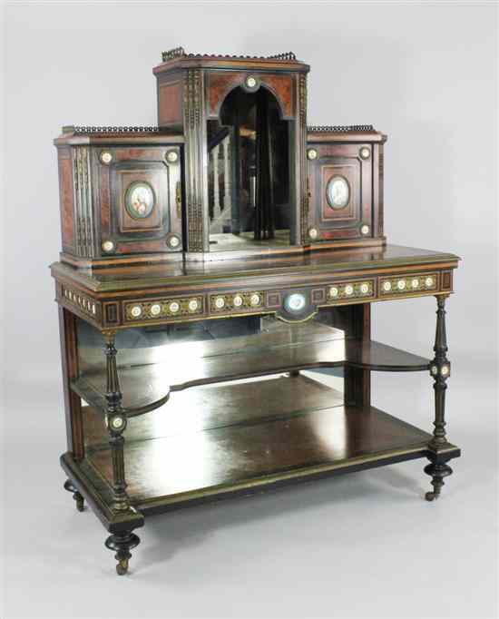 Appraisal: A Victorian inlaid and ebonised amboyna bonheur du jour decorated