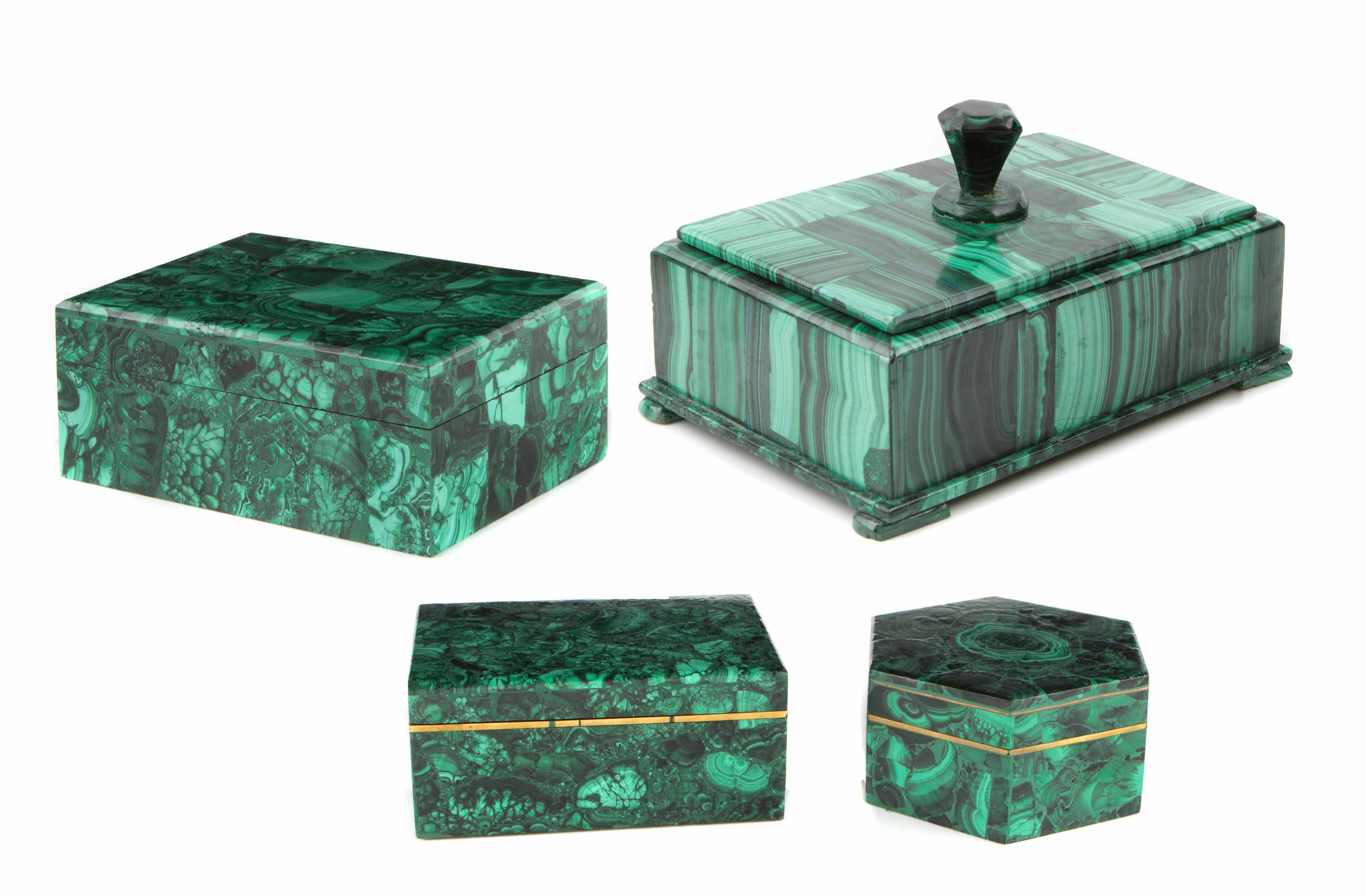 Appraisal: A group of four Russian Neoclassical style malachite boxes height