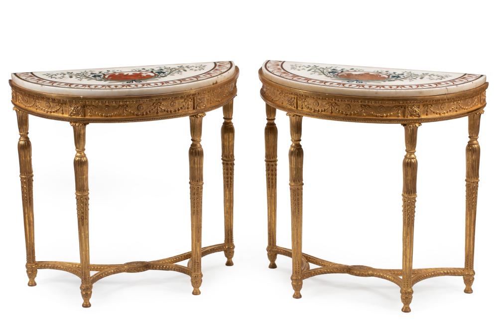 Appraisal: Pair of Antique George III-Style Carved Giltwood Demilune Consoles scagliola