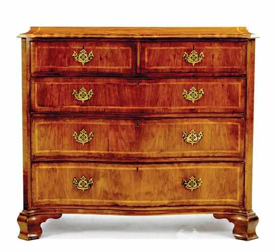 Appraisal: Inlaid walnut serpentine chest of drawers mid th century in