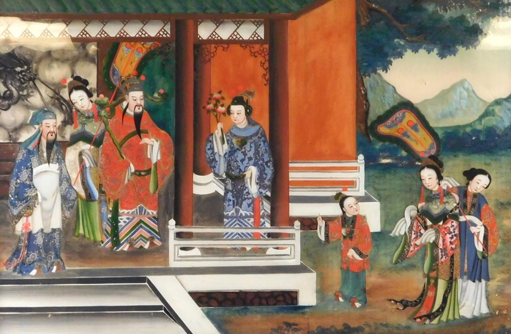 Appraisal: ASIAN Large Chinese eglomise reverse painting on glass c depicts