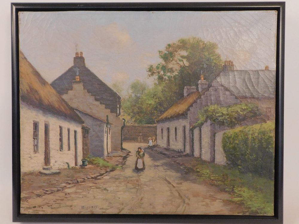 Appraisal: CAMPBELL OIL PAINTING VILLAGE Old oil painting on canvas depicting