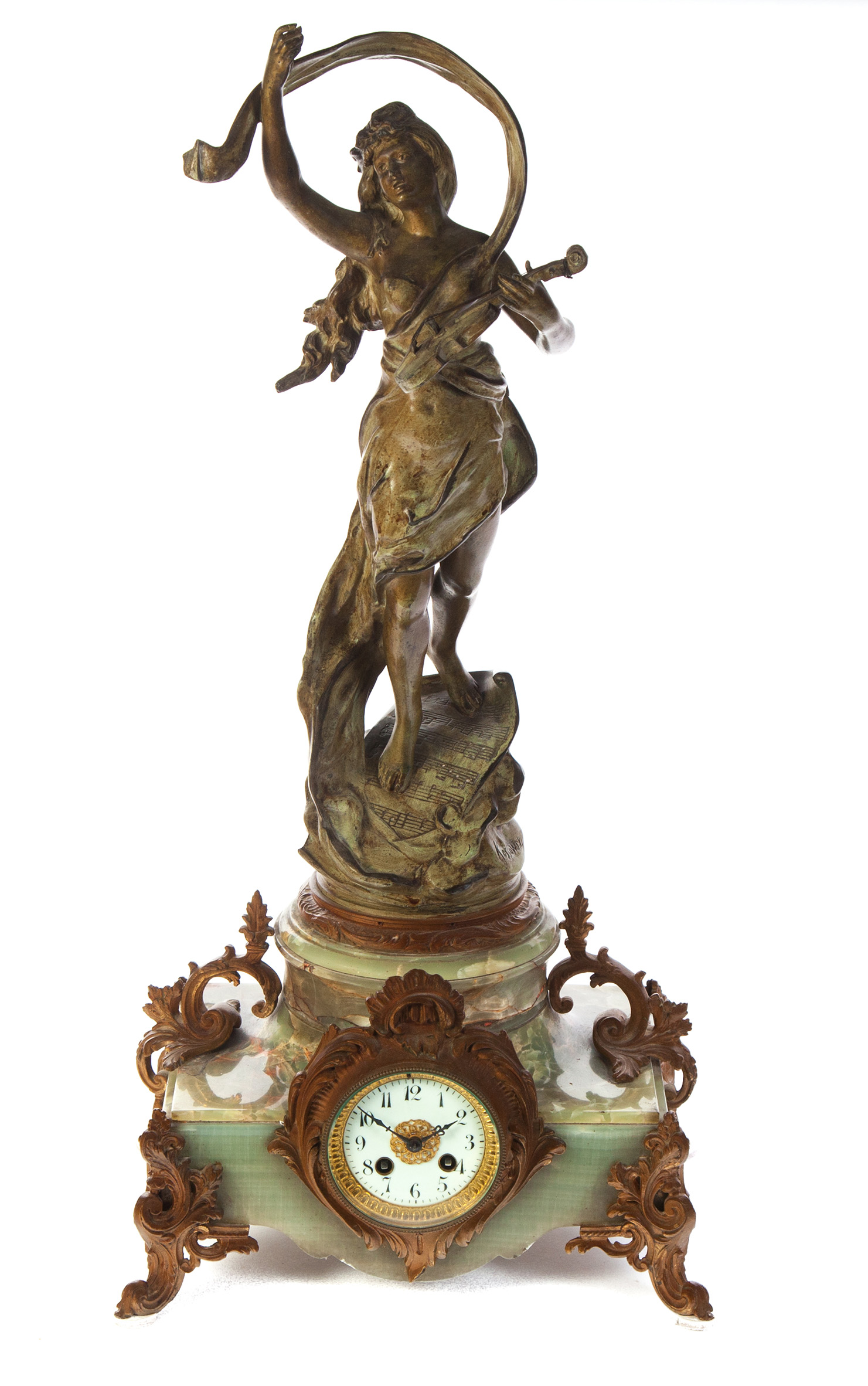 Appraisal: ART NOUVEAU FIGURAL MANTLE CLOCK WITH GREEN ALABASTER BASE AFTER