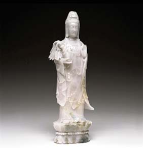 Appraisal: CHINESE CARVED JADEITE GUANYIN Tall Chinese carved jadeite model of