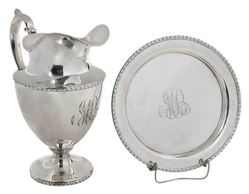 Appraisal: Sterling Pitcher and Round Tray American th century wreath borders