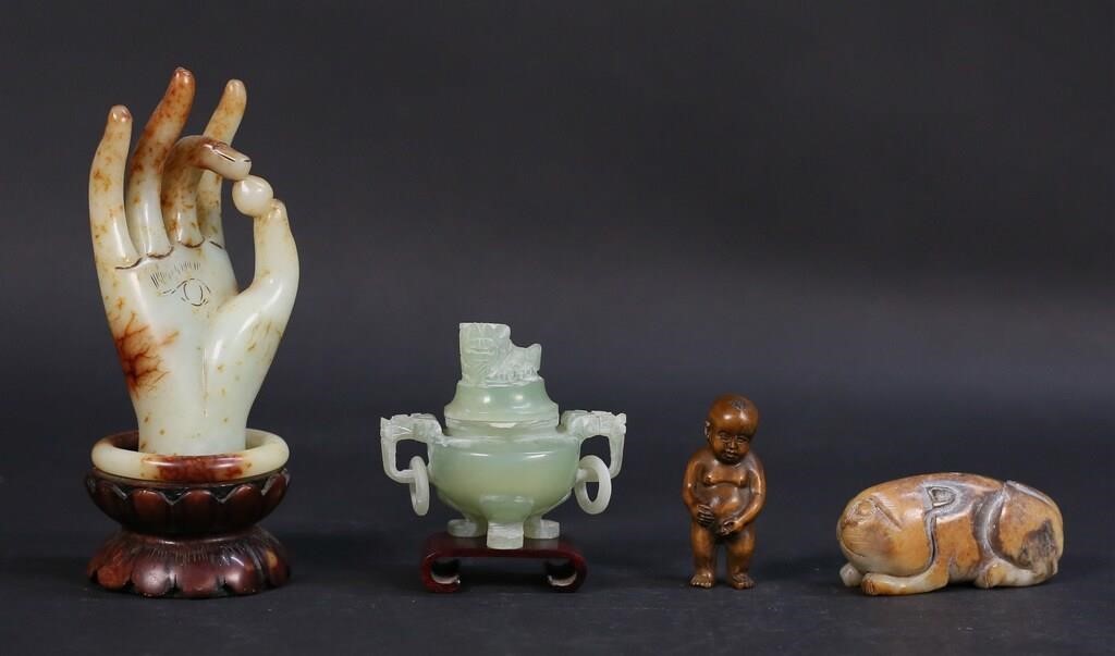 Appraisal: PIECES OF JADE AND NETSUKE LOT pieces of jade A