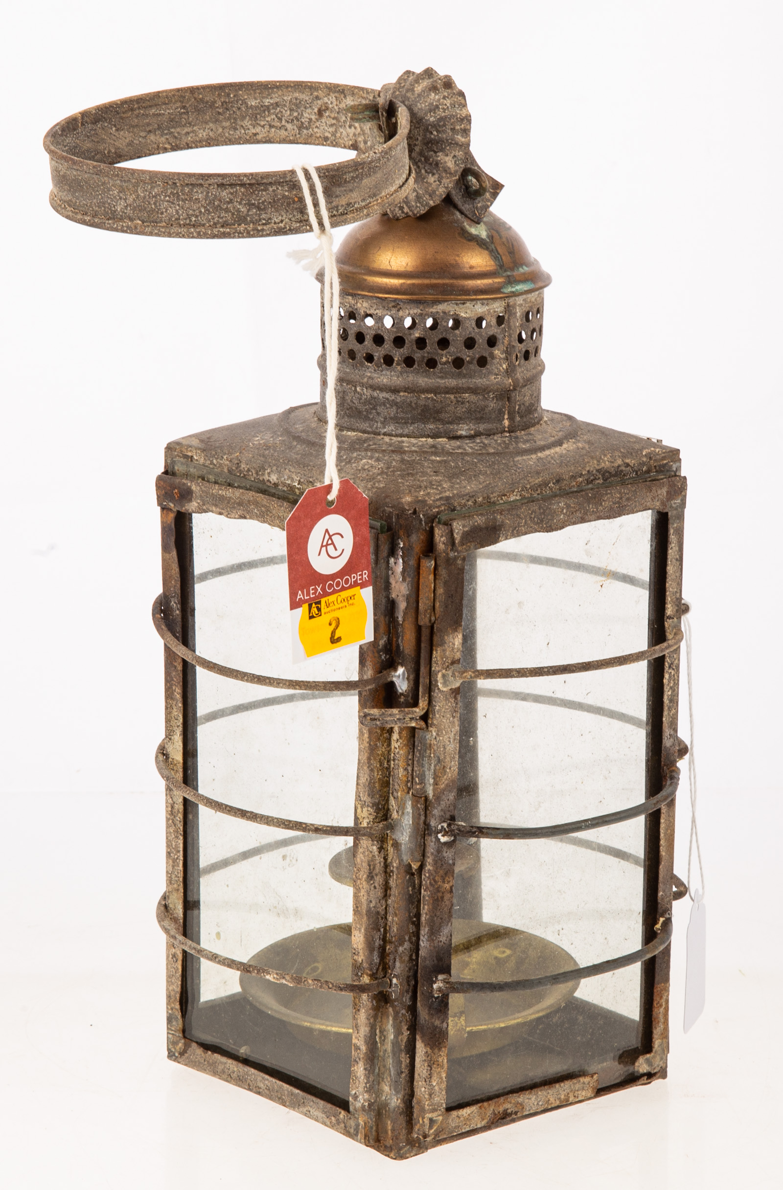 Appraisal: AMERICAN TIN AND GLASS CANDLE LANTERN Later th century of