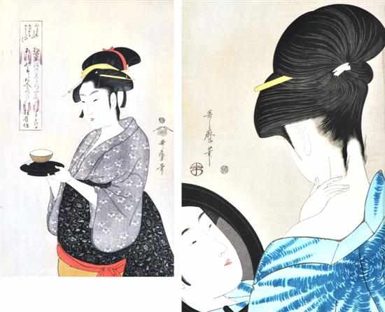 Appraisal: AFTER KITAGAWA UTAMARO Pair of Woodblock prints i Portrait of