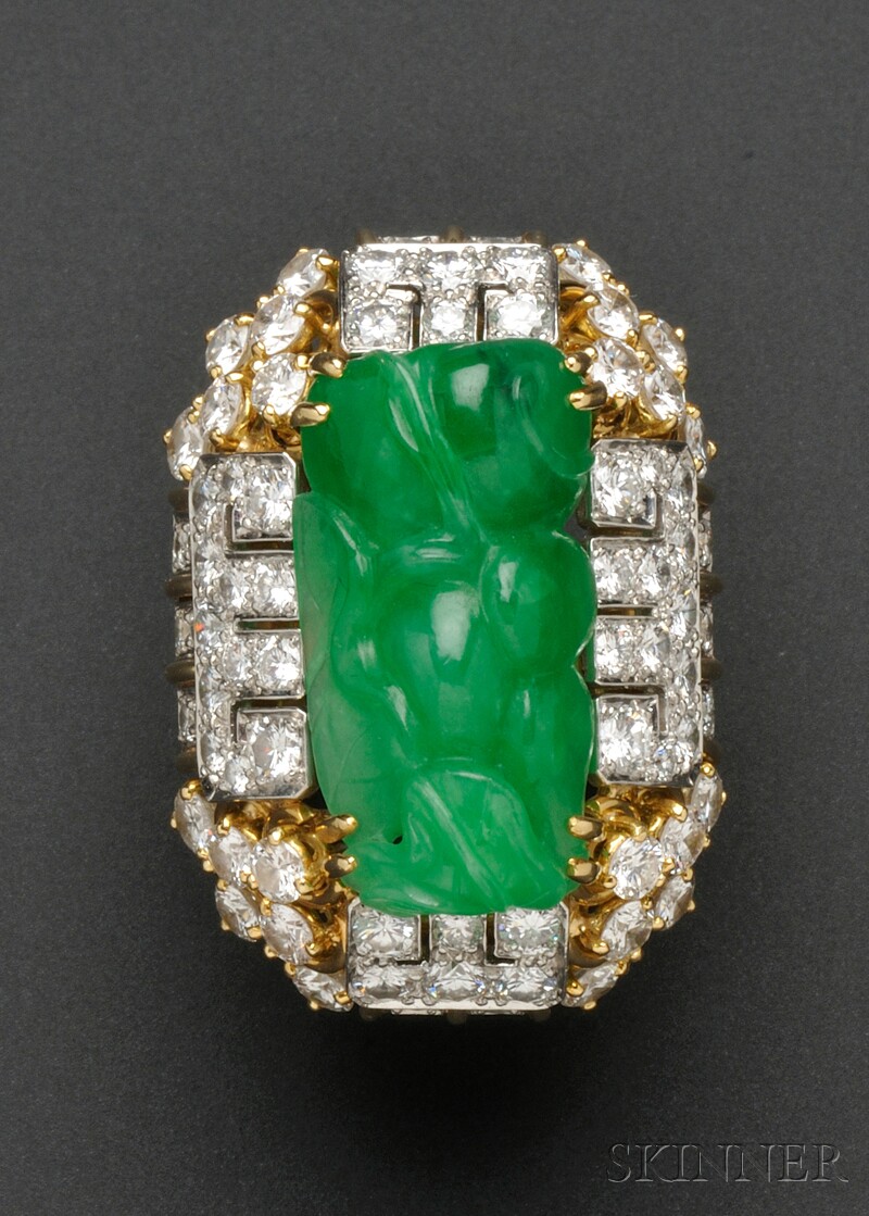 Appraisal: Jadeite and Diamond Ring set with a carved and pierced