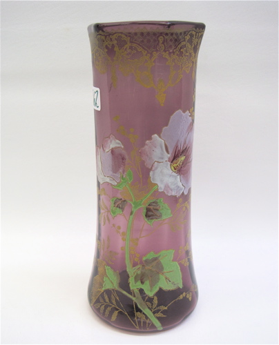 Appraisal: AMETHYST GLASS VASE with hand enameled decoration Height Condition Report