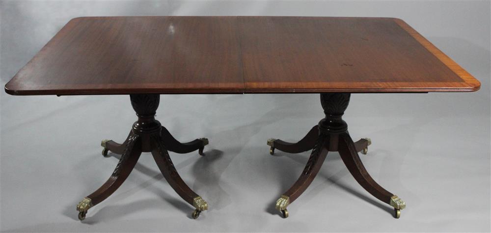 Appraisal: FEDERAL STYLE BANDED MAHOGANY TOP TWO PEDESTAL DINING TABLE the