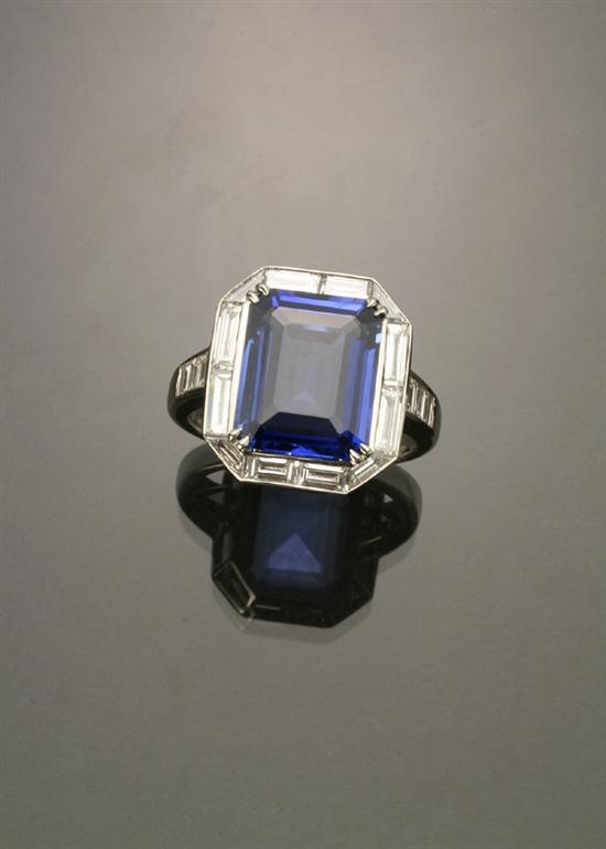 Appraisal: Platinum Blue Sapphire and Diamond Dinner Ring The four-prong mount