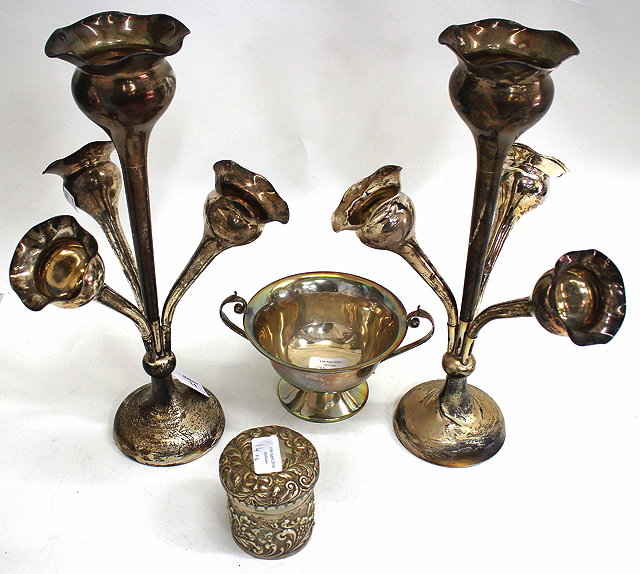 Appraisal: A NEAR PAIR OF SILVER EPERGNES each with four removable