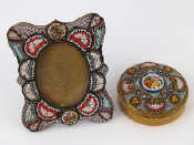 Appraisal: Micromosaics A shaped strut back rectangular frame x cm surrounding