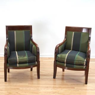 Appraisal: Pair Consulat upholstered mahogany bergeres Pair Consulat upholstered mahogany bergeres