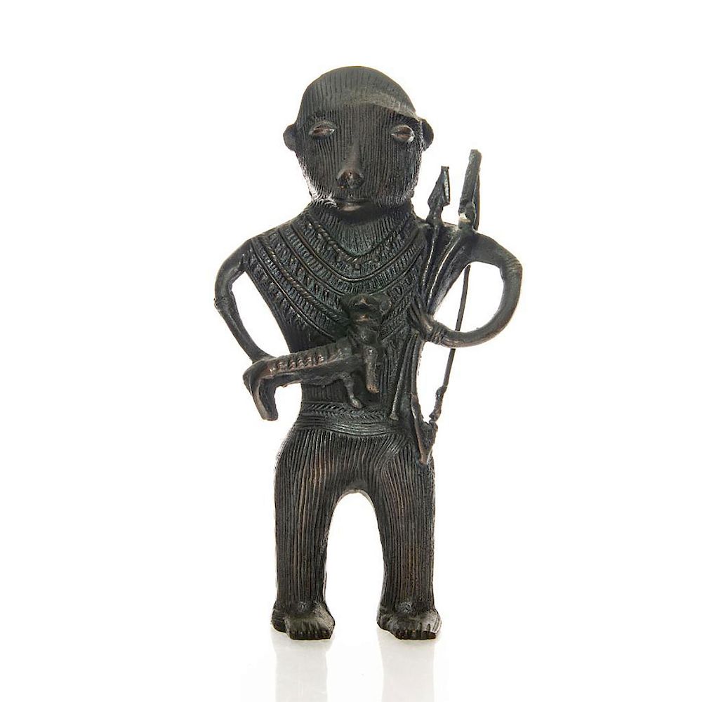 Appraisal: BRONZE SCULPTURE HUNTER WITH DOG Hunter in ornate tribal clothing